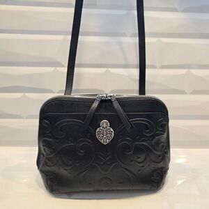 Compact BRIGHTON Alexa Cordoba Black Leather Fleur de Lis Embossed Crossbody Bag